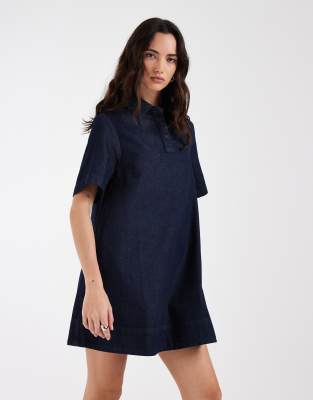 Ausgestelltes Jeans-Polohemdkleid in Rinse-Waschung-Navy Navy 32