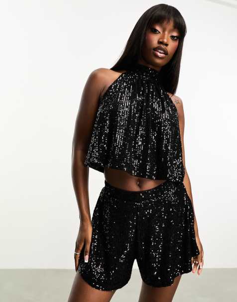 ASOS DESIGN – Ausgestelltes Pailletten-Oberteil in Schwarz, Kombiteil - view 1