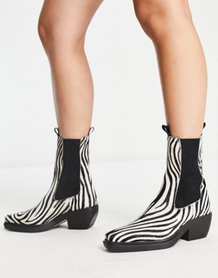 ASOS DESIGN Austin leather chelsea western boots in zebra-Multi