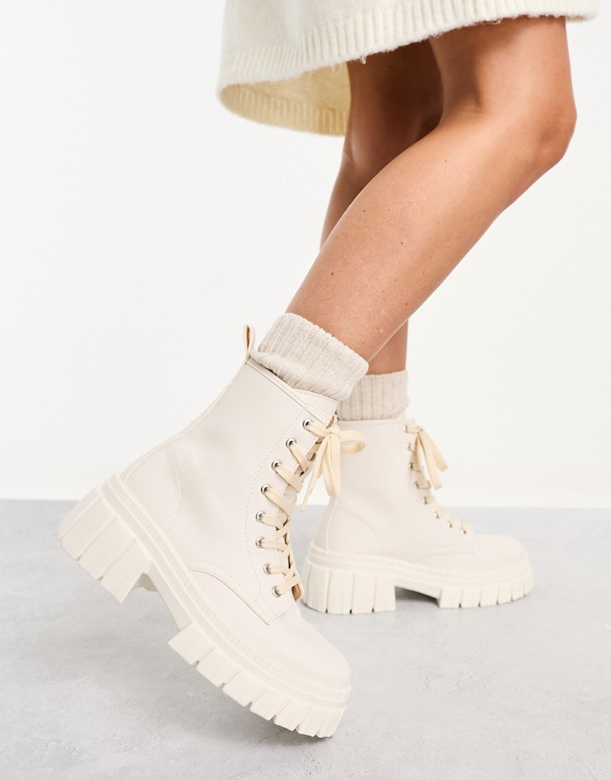 Asos Design Auto Chunky Lace Up Boots In Off-white