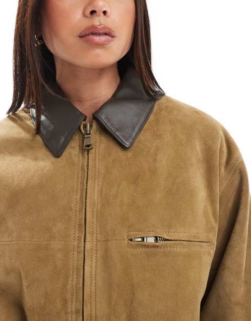 ASOS DESIGN - Autojas van echt suède met leren kraagje in lichtbruin, 3 van 4