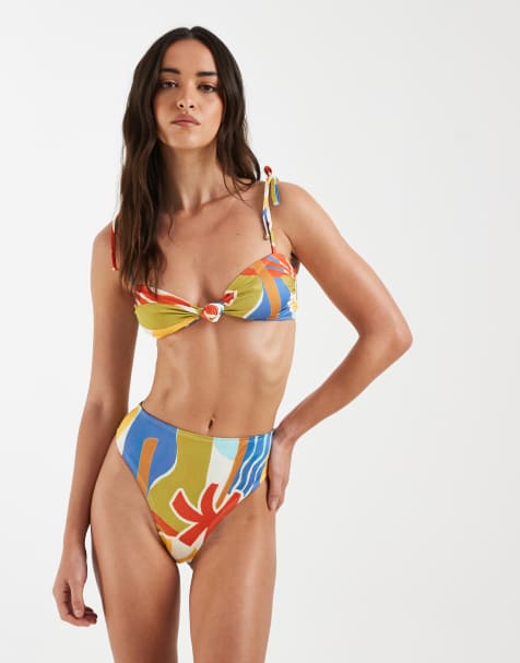 ASOS DESIGN – Ava Azores – Wysoko wycięty dół od bikini z podwyższonym stanem w kolorowy abstrakcyjny wzór - view 1