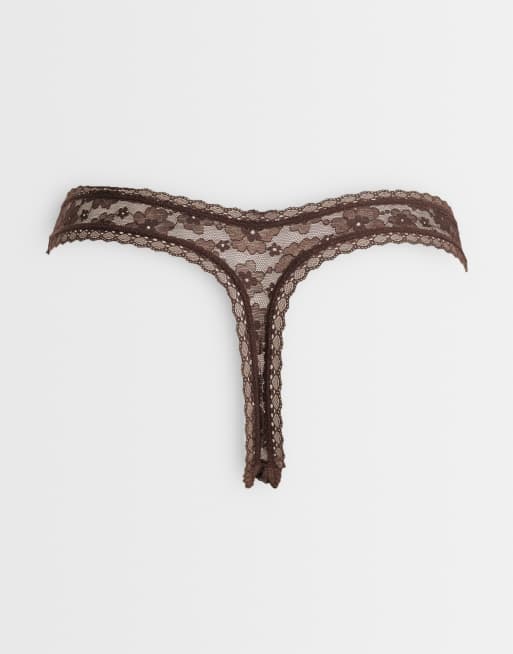 ASOS DESIGN - Ava - Confezione da 3 perizomi in pizzo rosa, latticello e cioccolato, 2 di 3