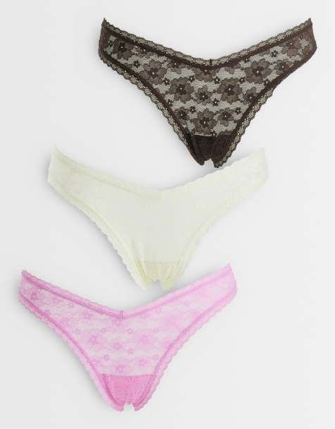 ASOS DESIGN - Ava - Lyserød/kærnemælksgul/chokoladebrun G-streng i gennemgående blondemateriale med V-snit foran i pakke med 3 stks - view 1