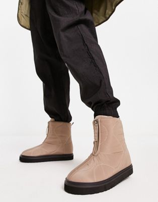 Asos Design Avenue Padded Zip Front Boots In Taupe-neutral