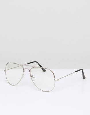 ASOS DESIGN aviator fashion glasses in silver metal with clear lenses Silver