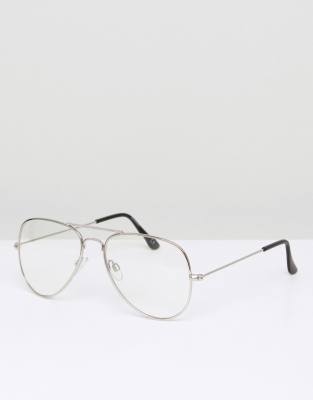 ASOS DESIGN aviator fashion glasses in silver metal with clear lenses