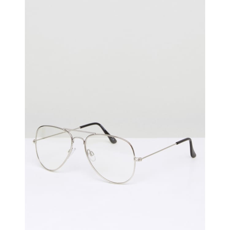 ASOS DESIGN aviator fashion glasses with clear lenses in silver metal