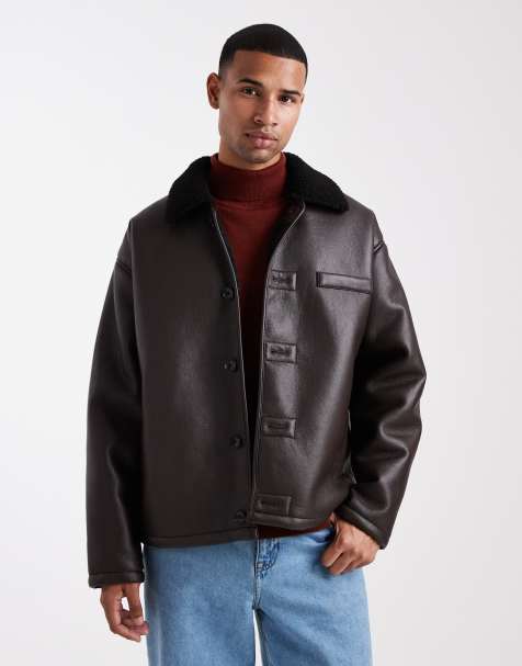 ASOS DESIGN aviator jacket with borg collar in brown - view 1