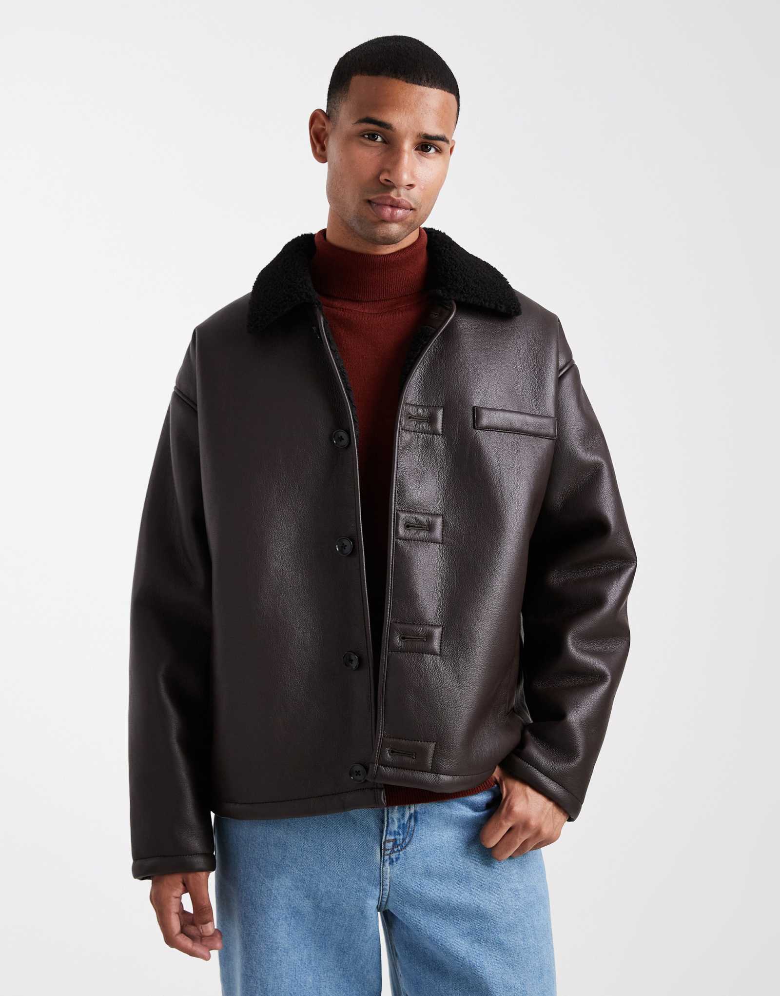 ДИЗАЙНЕРСКАЯ куртка-авиатор ASOS с воротником borg коричневого цвета