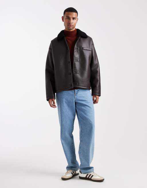 ASOS DESIGN aviator jacket with borg collar in brown, 2 of 5
