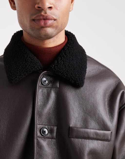 ASOS DESIGN aviator jacket with borg collar in brown, 5 of 5