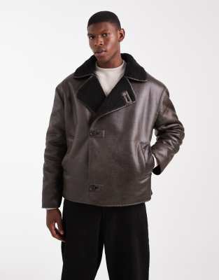 Asos Design Aviator Jacket With Borg Collar In Brown