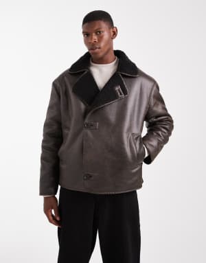 ASOS DESIGN aviator jacket with borg collar in brown