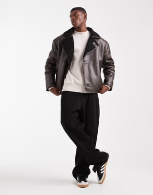 Asos Design Aviator Jacket With Borg Collar In Brown