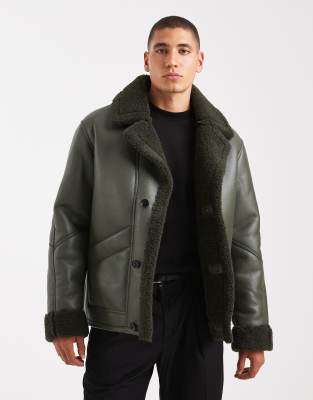 Asos Design Aviator Jacket With Borg In Green