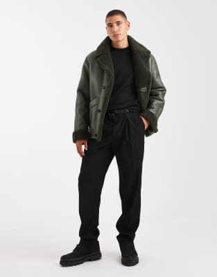 Asos Design Aviator Jacket With Borg In Green