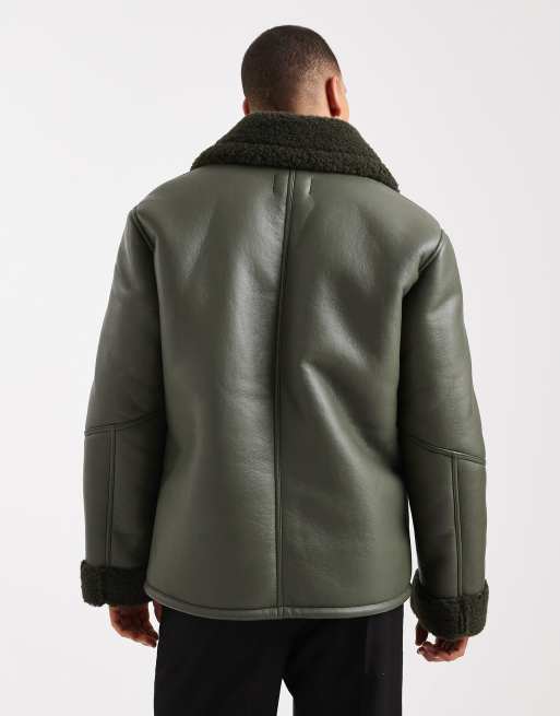 ASOS DESIGN aviator jacket with borg in khaki