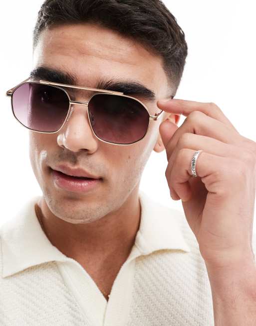 ASOS DESIGN - Aviator-solbriller med bordeaux glas og guldfarvet metalstel , 2 af 3