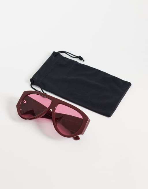 ASOS DESIGN Aviator-solbriller med brede stænger i tonet burgundy og pink glas, 3 af 3
