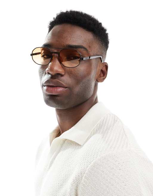 ASOS DESIGN - Aviator-solbriller med sort metalstel og ravfarvede glas