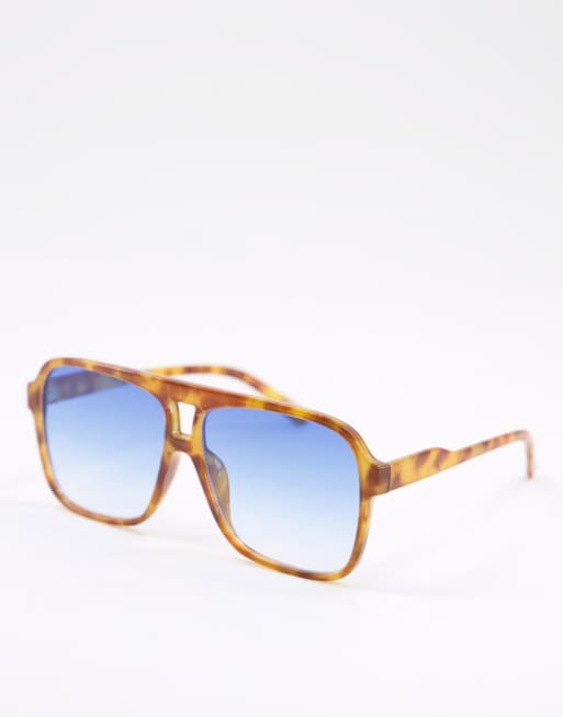 ASOS DESIGN - Aviator-solbriller med stel med skildpaddemønster og blå glas