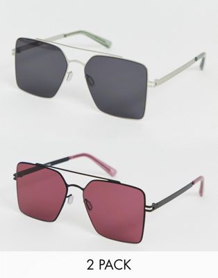 ASOS DESIGN – Aviator-solglasögon 2-pack med sotiga och vinröda glas-Flerfärgad
