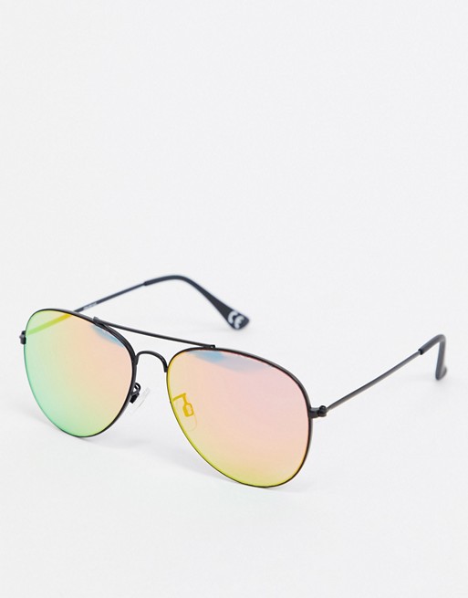 ASOS DESIGN aviator sunglasses in black metal with mirrored rainbow lens