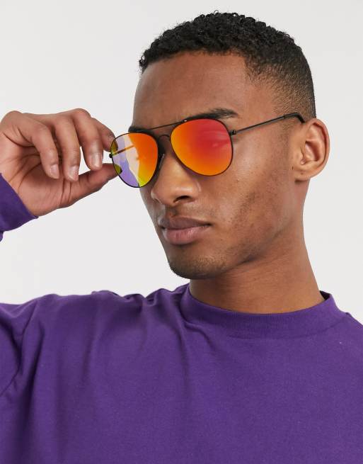 ASOS DESIGN square sunglasses in black with mirrored rainbow lens