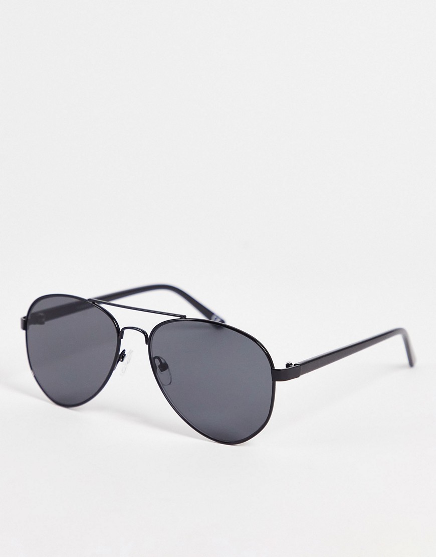 Asos Design Retro Aviator Sunglasses In Black Metal With Smoke Lens - Black