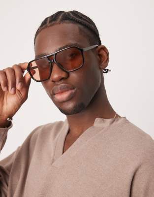 ASOS DESIGN aviator sunglasses in black with amber lens - view 1