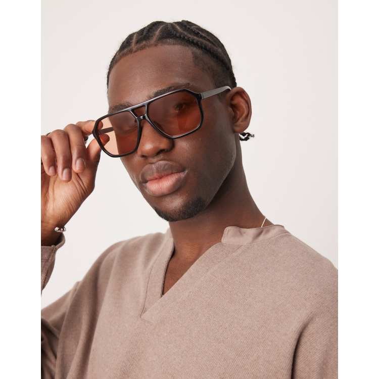 ASOS DESIGN aviator sunglasses in black with amber lens | ASOS display picture 3