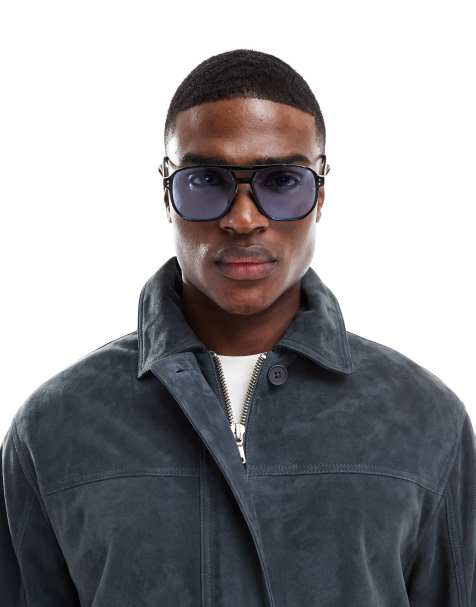 ASOS DESIGN aviator sunglasses in black with blue lens - view 1