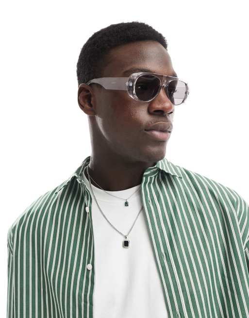 ASOS DESIGN aviator sunglasses in clear crystal frame with smoke gray lenses