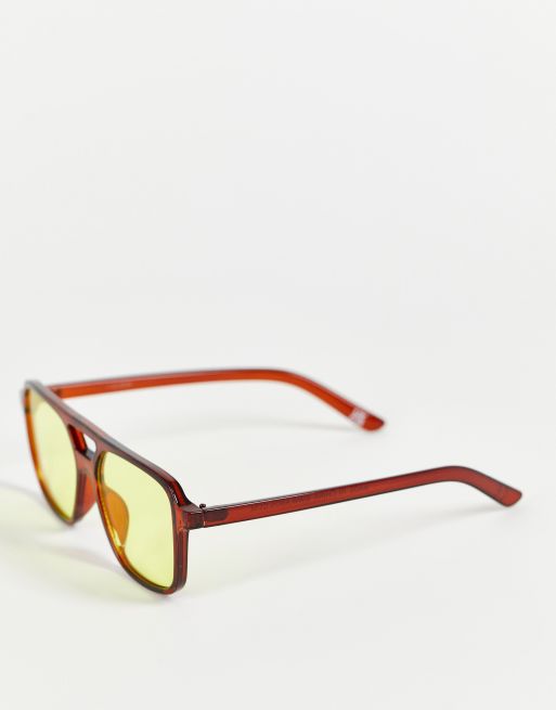 ASOS DESIGN aviator sunglasses in crystal brown with yellow lens , 2 of 4
