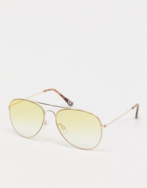 ASOS DESIGN aviator sunglasses in gold metal with yellow lens