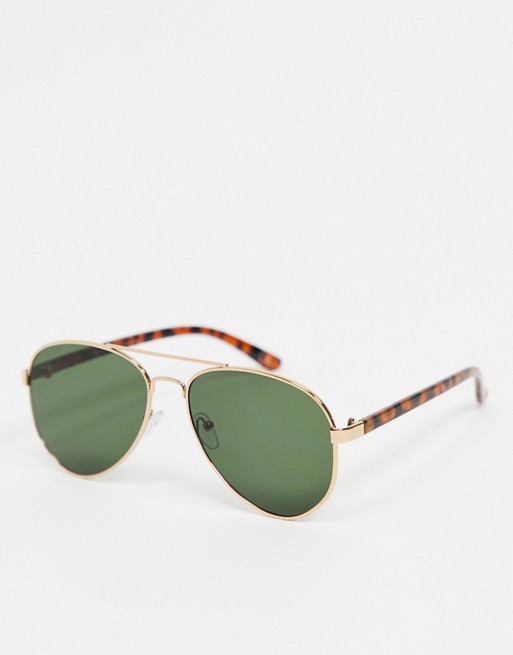 ASOS DESIGN 90s aviator sunglasses in gold and tort with green lens