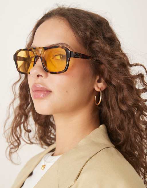 ASOS DESIGN aviator sunglasses in milky tort with yellow lens