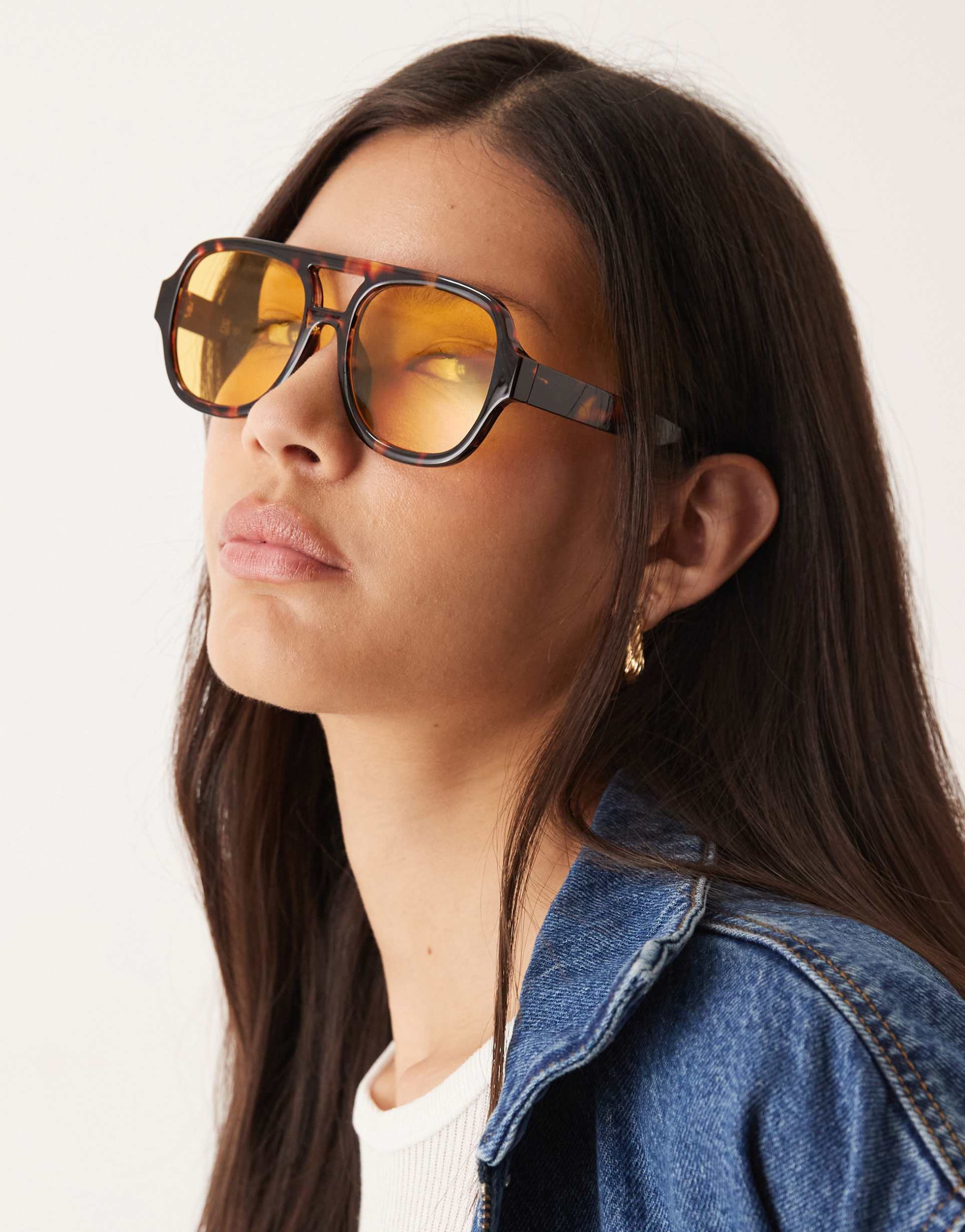 asos design aviator sunglasses in milky tort with yellow lenses