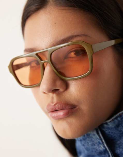 ASOS DESIGN aviator sunglasses in olive green with orange lenses - view 1
