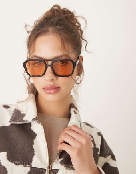 ASOS DESIGN aviator sunglasses in peach lens - view 1