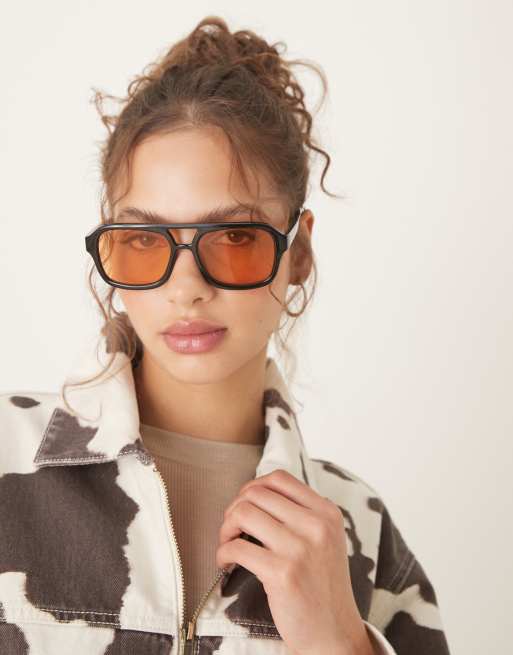 ASOS DESIGN aviator sunglasses in peach lens