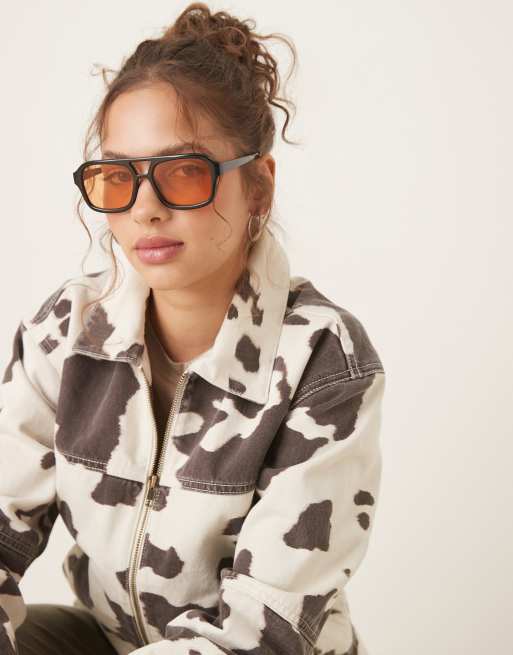 ASOS DESIGN aviator sunglasses in peach lens