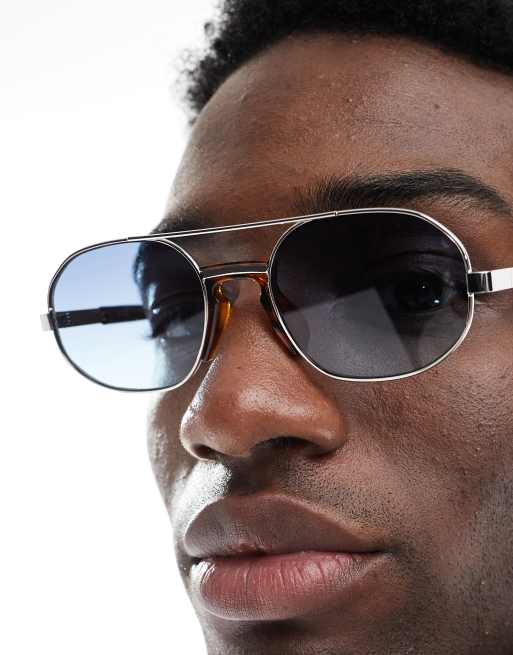 ASOS DESIGN aviator sunglasses in silver metal with blue lens  , 3 of 3