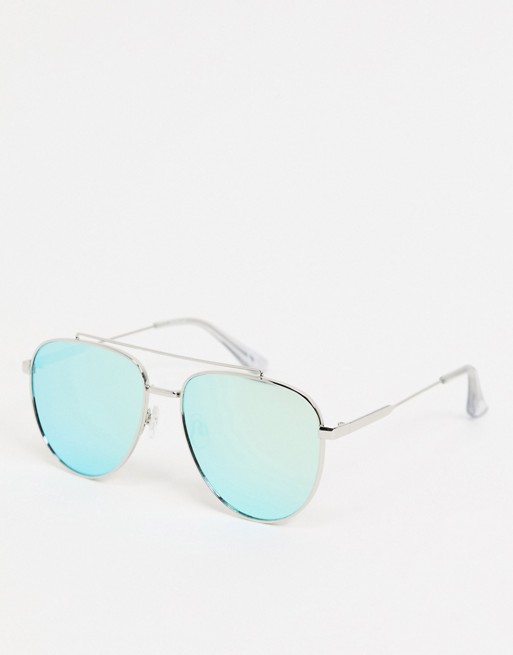 ASOS DESIGN aviator sunglasses in silver with blue mirror lens
