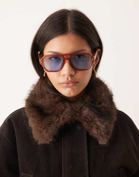 ASOS DESIGN aviator sunglasses in tort with blue lenses