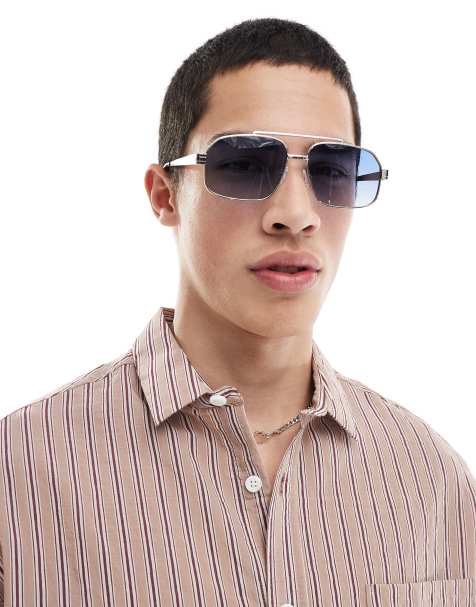 ASOS DESIGN aviator sunglasses with blue lenses and silver tone metal frames - view 1