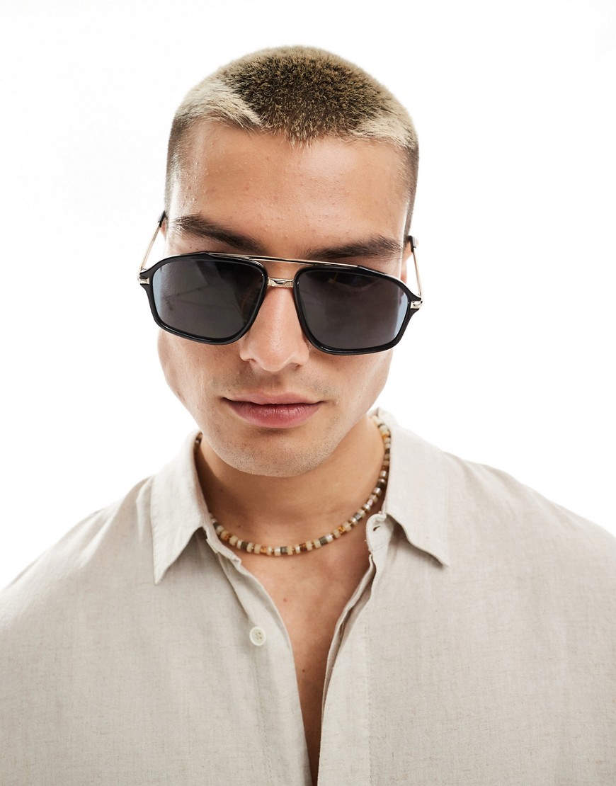 Asos Design Aviator Sunglasses With Gold Chain Detail In Black