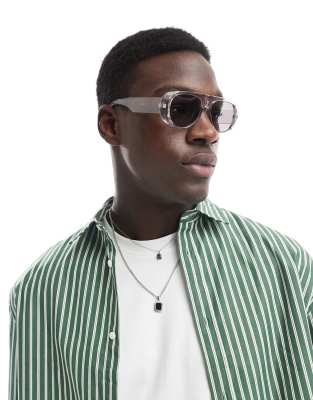 Asos Design Aviator Sunglasses With Gray Crystal Frame And Smoke Lenses