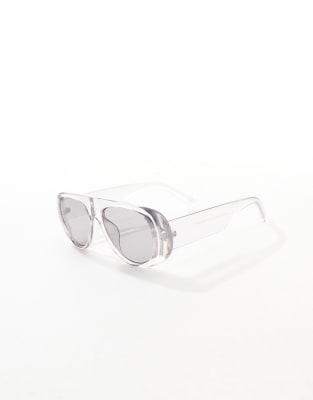 Asos Design Aviator Sunglasses With Gray Crystal Frame And Smoke Lenses In Gray